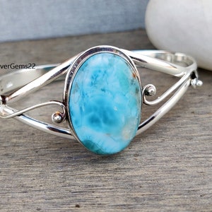 Larimar Armreif, 925 Sterling Silber Armreif, Larimar Armband, handgemachter Armreif, verstellbarer Armreif, Edelstein Armreif, Boho Armreif, Manschette Armreif
