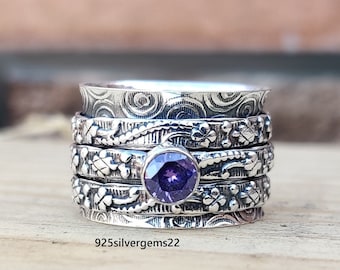 Sterling Silver Amethyst Spinner Ring, Meditation Jewelry