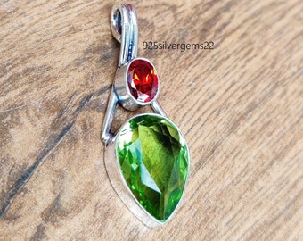 Sterling Silver Peridot and Garnet Gemstone Pendant