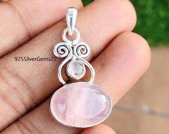 Pendentif fait main en argent sterling 925 avec quartz rose, collier tendance