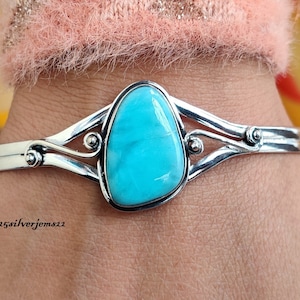 Larimar Bangle, 925 Sterling Silver Bangle, Woman Bangle, Dainty Bangle, Handmade Bangle, Larimar Adjustable Bangle, Gemstone Bangle 03