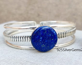Lapis Lazuli Silber Armreif, handgefertigter verstellbarer Armreif
