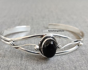 Handmade Black Onyx 925 Silver Bangle, Adjustable Gemstone Bracelet