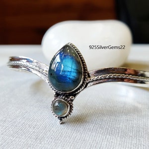 Labradorite Bangle, Labradorite Bracelet, 925 Silver Sterling Bangle, Handmade Bangle, Adjustable Bangle, Gemstone Bangle, Blue Fire Bangle
