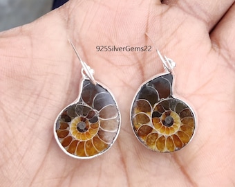 Ammonite Fossil Earrings, Handmade 925 Sterling Silver