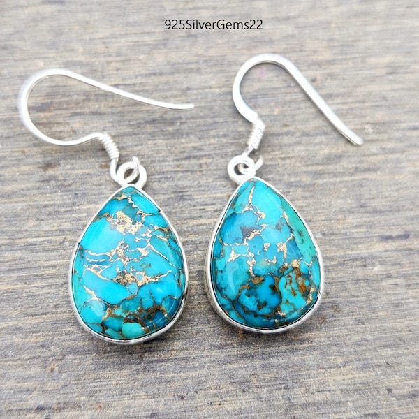 Blue Copper Turquoise Sterling Silver Earrings, Gemstone Dangle Earrings
