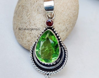 Sterling Silver Peridot & Garnet Pendant, Gemstone Jewelry