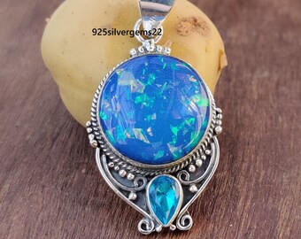 Australian Opal Pendant, Blue Topaz, 925 Sterling Silver