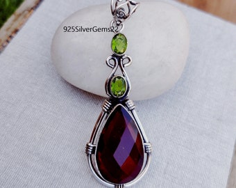 Sterling Silver Garnet and Peridot Gemstone Pendant