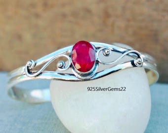 Ruby Sterling Silver Bangle, Adjustable Gemstone Bracelet, Boho Jewelry