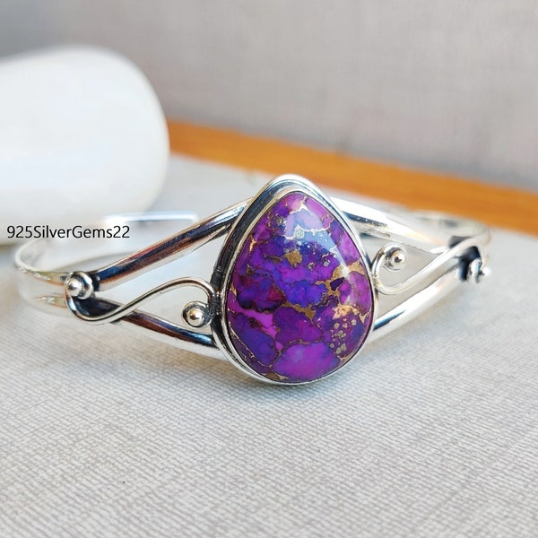 Purple Copper Turquoise Bangle, Handmade Bangle, Purple Turquoise Jewelry, 925 Sterling Silver Bangle, Purple Bracelet, Gemstone Bangle