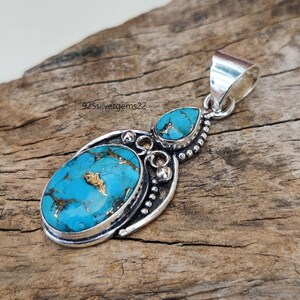 Blue Copper Turquoise Pendant, Handmade Pendant, Turquoise Pendant, 925 Sterling Silver Pendant, Gemstone Pendant, Blue Copper Pendant