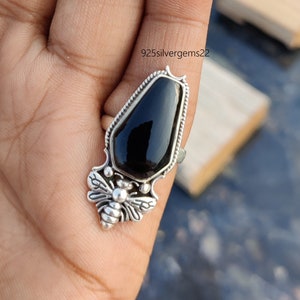 Black Onyx Ring, Bee Ring, 925 Sterling Silver Ring, Handmade Ring, Anxiety Ring, Love Ring, Beautiful Ring, Gemstone Ring, Worry Ring