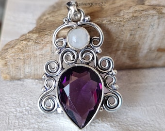 Amethyst and Moonstone Pendant, 925 Sterling Silver, Handmade