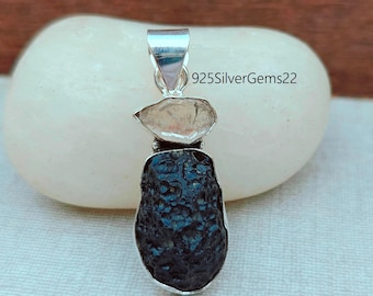 Colgante de plata esterlina con diamantes Herkimer y tektita, collar bohemio