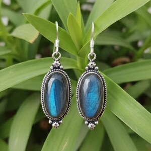 May include: Silver drop earrings featuring oval, iridescent blue gemstones. The gemstones are set in a decorative frame with a twisted rope design. The earrings hang from a simple hook.