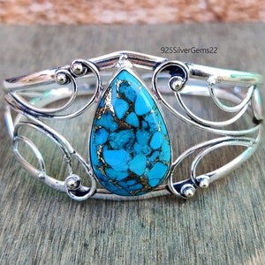 Blue Copper Turquoise Bangle, 925 Sterling Silver Bangle, Turquoise Bracelet, Adjustable Bangle, Stone Bangle, Turquoise Bangle, Gift Bangle