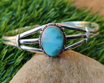 Handmade Larimar Bangle, Adjustable Sterling Silver Bracelet