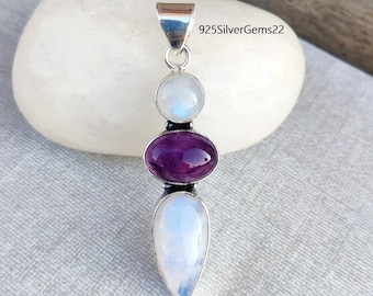 Amethyst Moonstone 925 Silver Pendant, Statement Jewelry