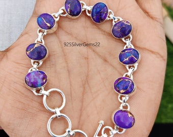 Handmade Purple Copper Turquoise Bracelet, 925 Sterling Silver