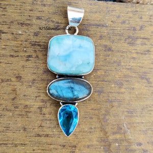 Larimar Pendant, Blue Topaz Pendant, Labradorite Pendant, Blue Fire Pendant, 925 Sterling Silver Pendant, Larimar Jewelry, Silver Pendant