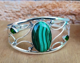 Malachite Bangle, Adjustable Bangle, Peridot Bangle, Malachite Jewelry, 925 Silver Bangle, Women Bangle, Handmade Bangle, Malachite Bracelet