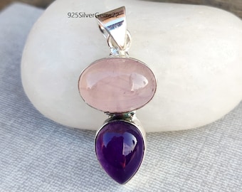 Colgante de plata de ley 925 con cuarzo rosa y amatista