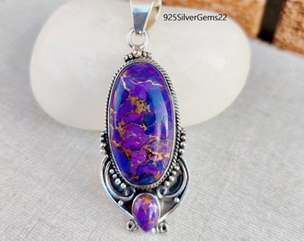 Handmade Purple Copper Turquoise 925 Sterling Silver Pendant