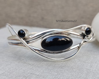 Black Onyx Bangle, Adjustable Bangle, Gemstone Bangle, Black Onyx Bracelet, 925 Sterling Silver Bangle, Women Bangle, Handmade Bangle