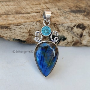 Labradorite Pendant, Blue Topaz Pendant, 925 Sterling Pendant, Labradorite Jewelry, Gemstone Pendant, Handmade Pendant, Blue Topaz Jewelry