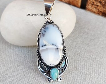 Colgante de plata de ley con ágata dendrítica y larimar, hecho a mano.