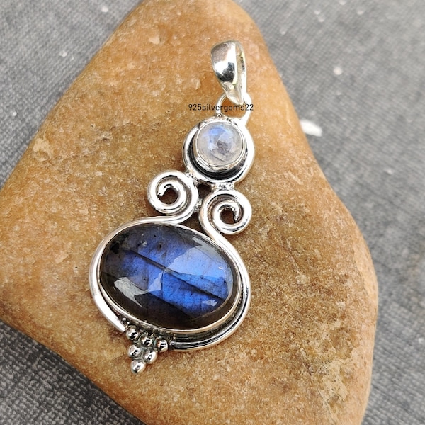 Handmade Sterling Silver Labradorite Moonstone Gemstone Pendant