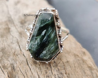Seraphinite Gemstone Ring, 925 Sterling Silver Band