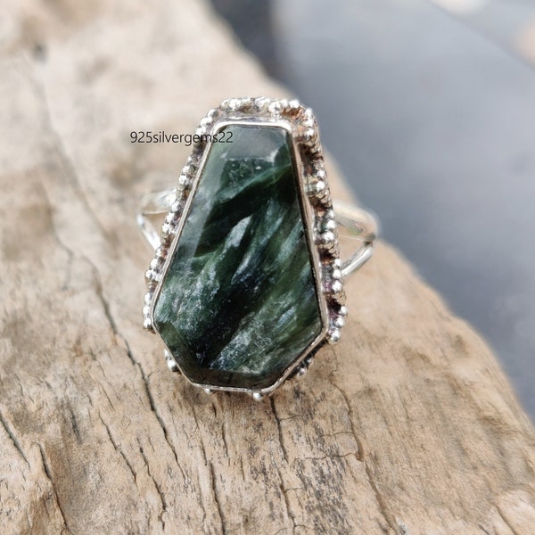 Seraphinite Gemstone Ring, 925 Sterling Silver Band