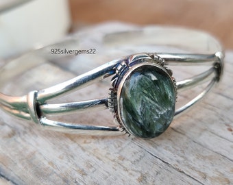 Handmade Seraphinite Sterling Silver Bangle, Adjustable Gemstone Bracelet