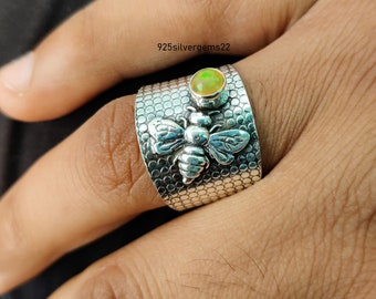 Handmade Sterling Silver Opal Bee Ring, Statement Jewelry