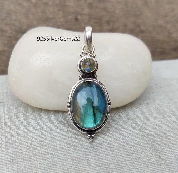 Blue Fire Labradorite Pendant, Sterling Silver, Handmade Jewelry