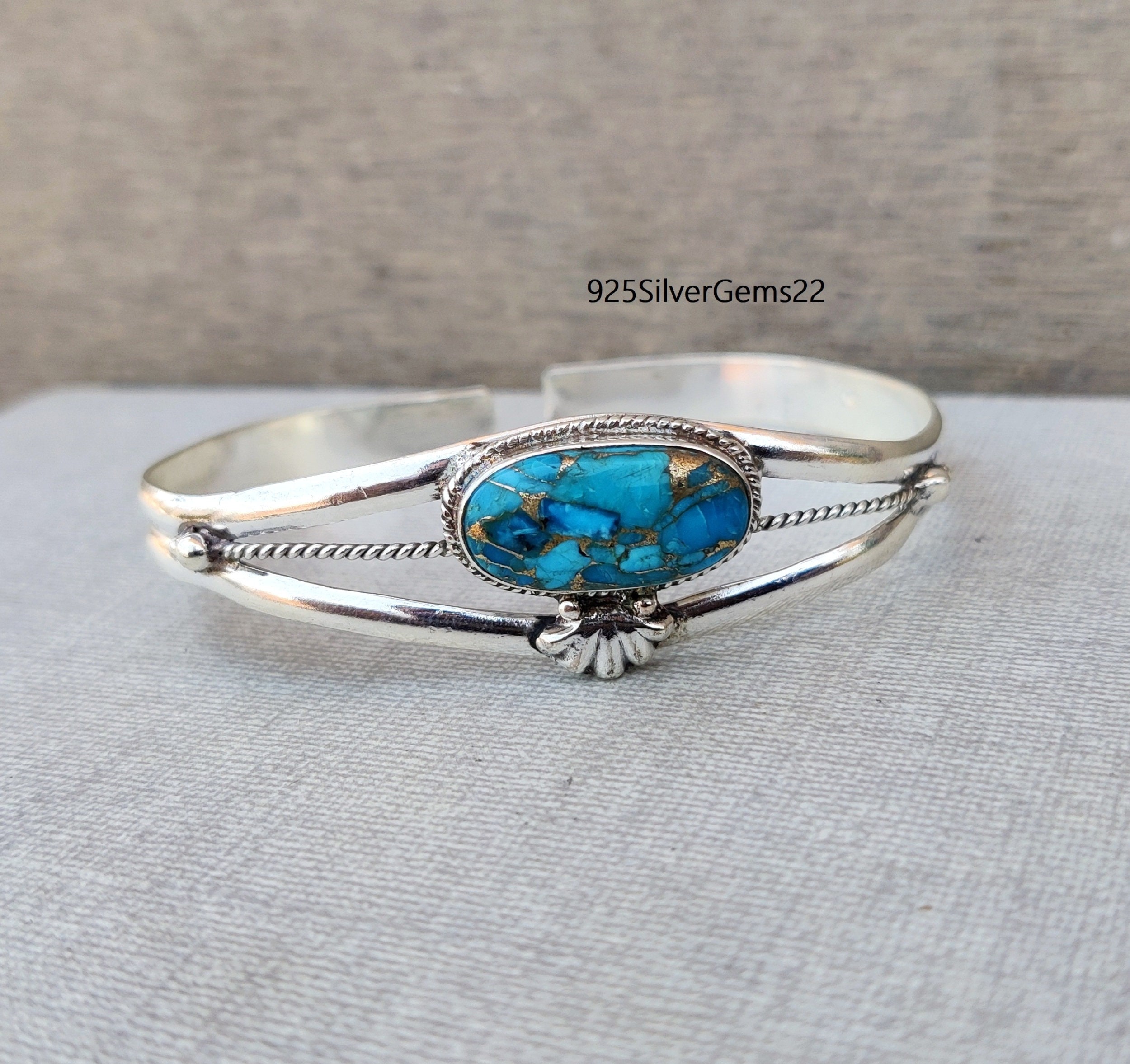 Blue Copper Turquoise Bangle, 925 Sterling Silver, Handmade