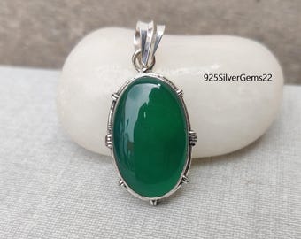 Handmade Green Onyx 925 Sterling Silver Pendant, Statement Jewelry