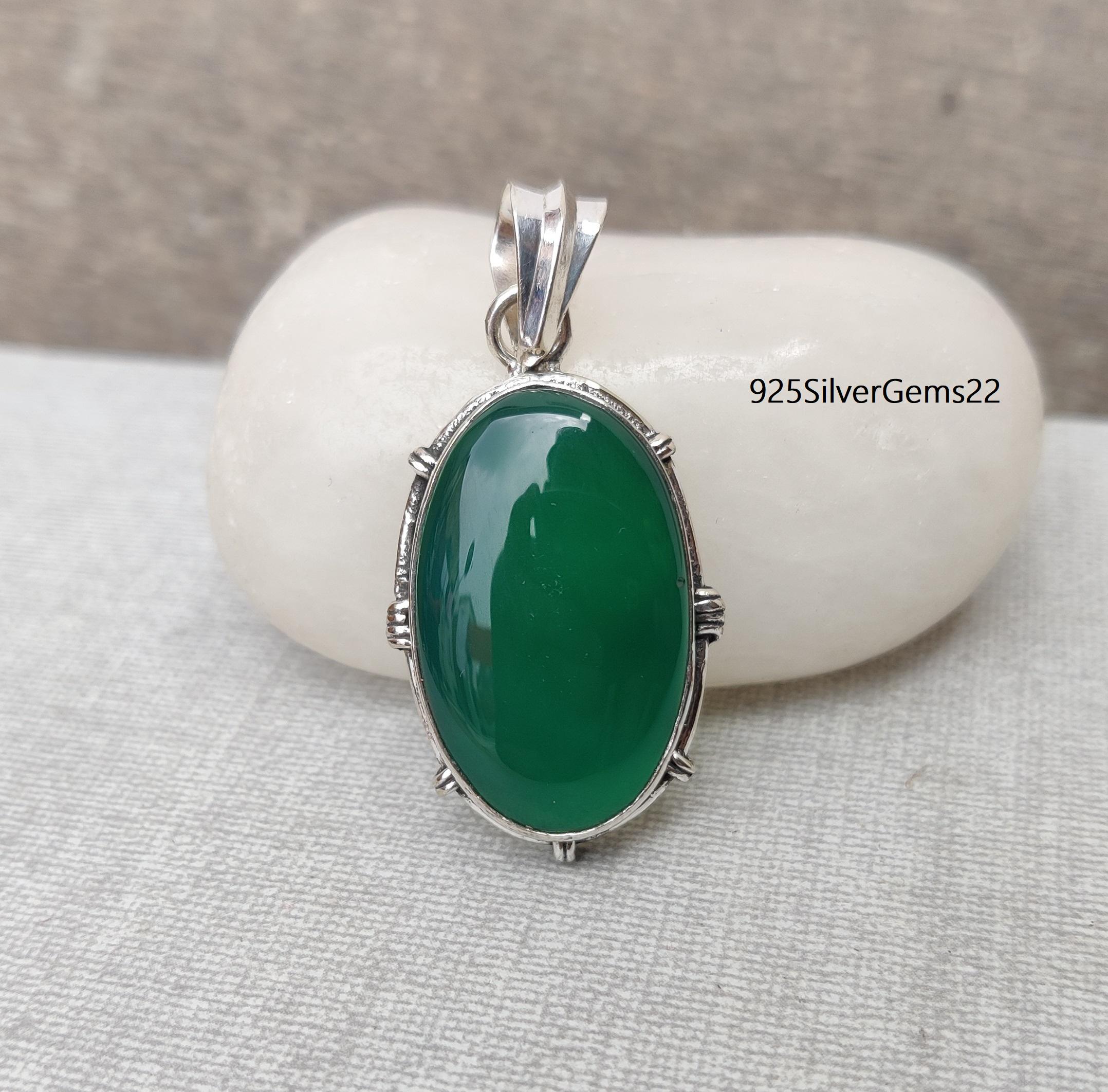 Handmade Green Onyx 925 Sterling Silver Pendant, Statement Jewelry