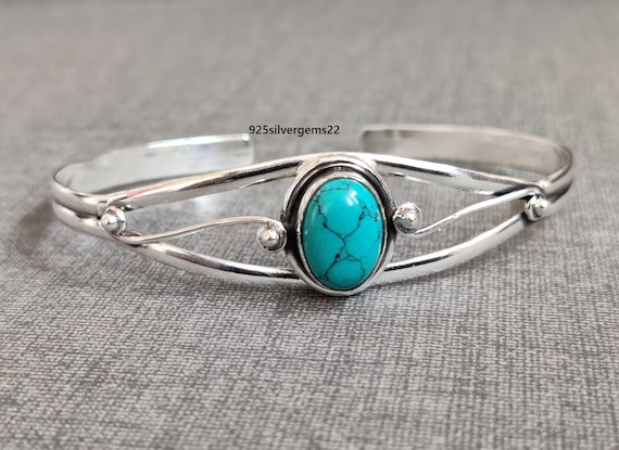 Turquoise 925 Sterling Silver Bangle, Adjustable Gemstone Bracelet