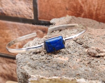 ラピスラズリのスターリングシルバー製バングル、手作りの調節可能な
