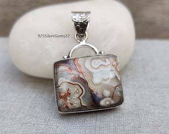 Handmade Crazy Lace Agate Pendant, 925 Sterling Silver