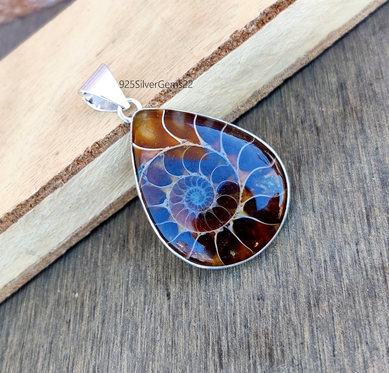 May include: A silver pendant featuring a brown and blue ammonite fossil. The pendant is in the shape of a teardrop and has a silver bail.