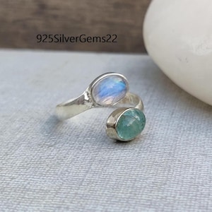 Handmade Moonstone Aquamarine 925 Sterling Silver Adjustable Ring
