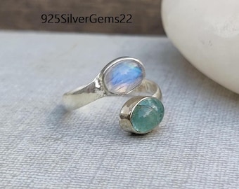 Moonstone Aquamarine Ring, 925 Sterling Silver Ring, Handmade Jewelry, Women Rings, Statement Rings,  Christmas Gifts, Adjustable Ring.