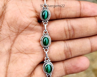 Pulsera de plata de ley 925 con malaquita hecha a mano