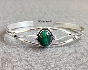 Handmade 925 Silver Malachite Bangle, Adjustable Bracelet