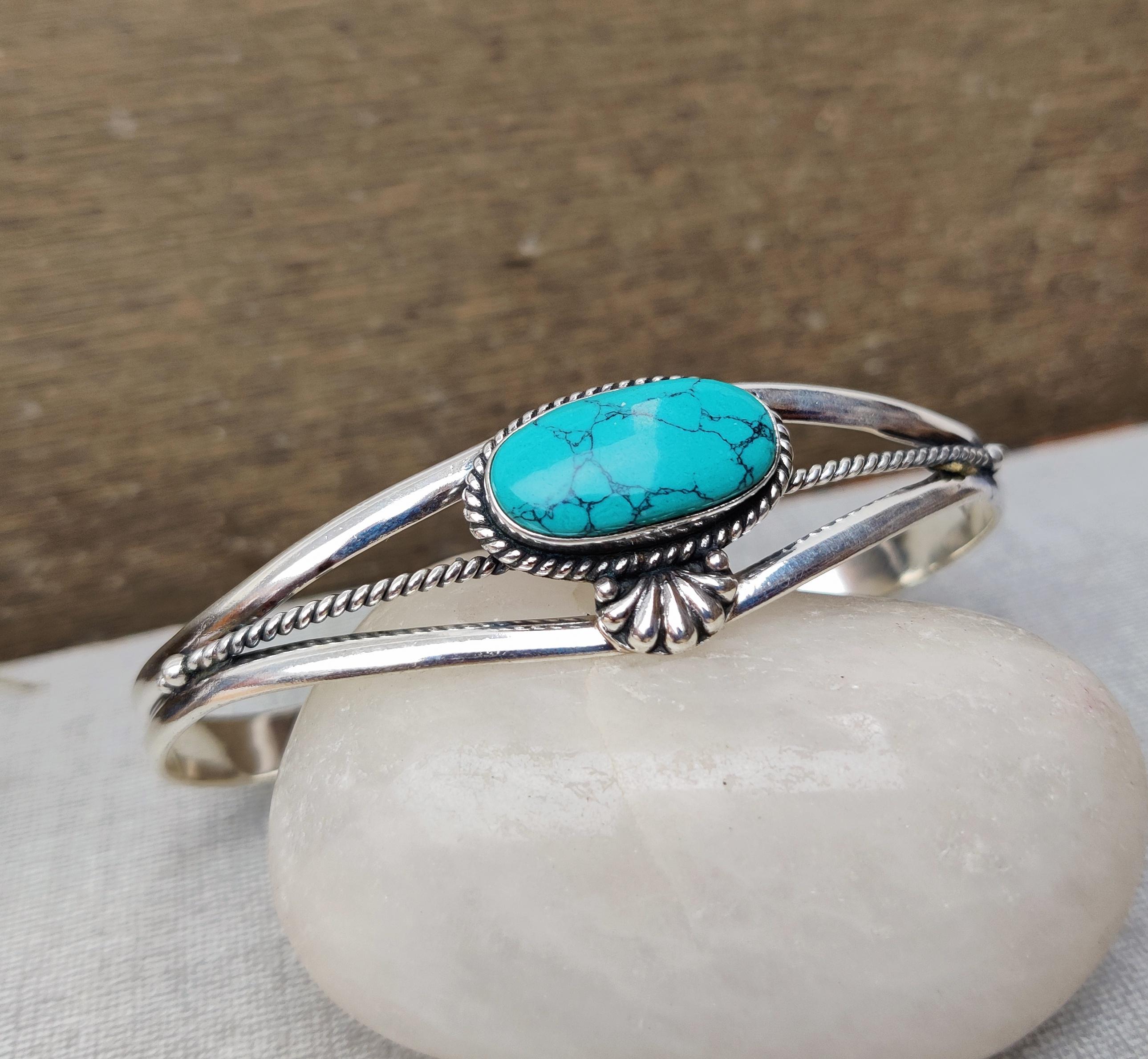 Sterling Silver Turquoise Bangle, Adjustable Gemstone Jewelry - Etsy
