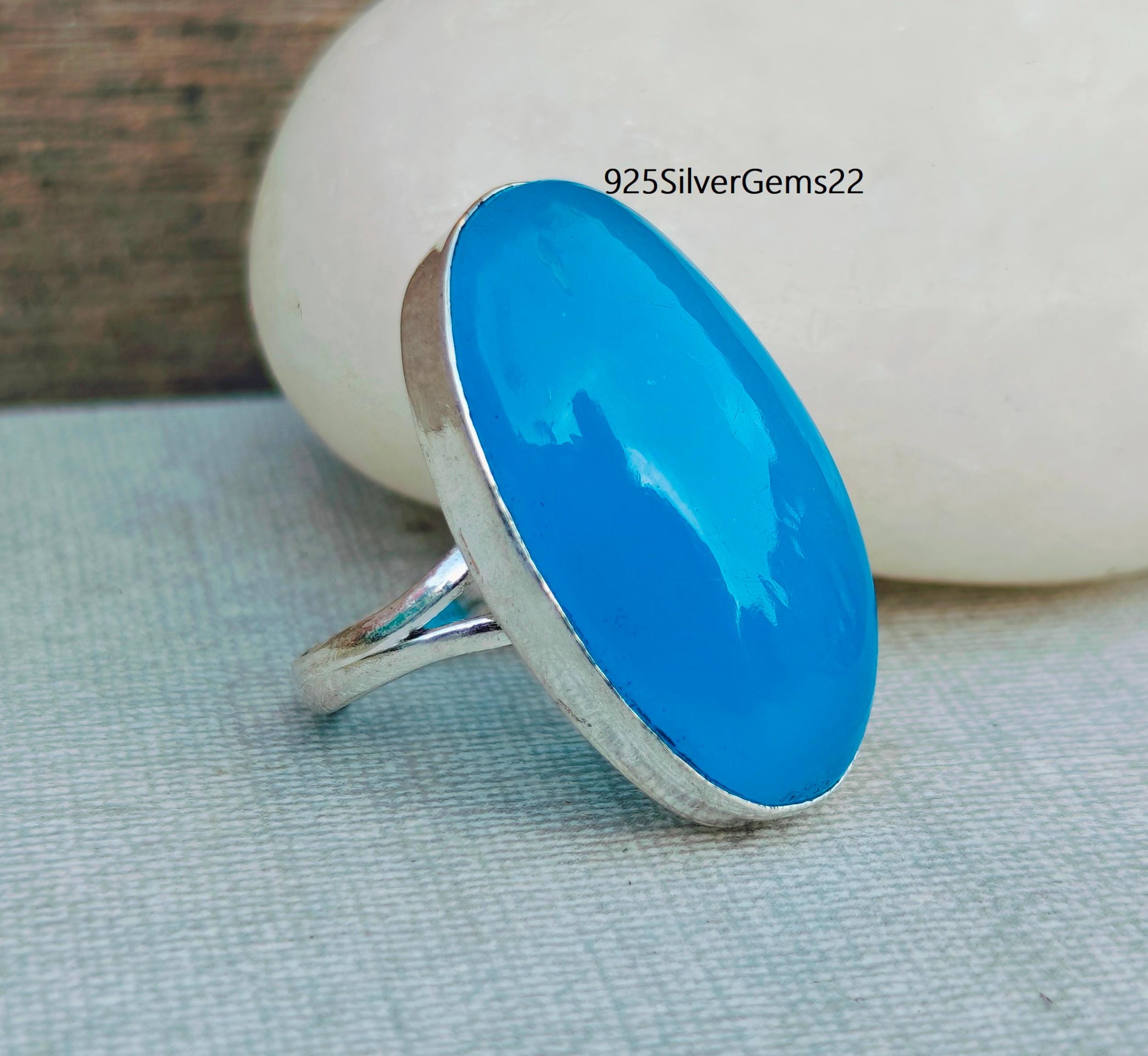 Anello In Argento Con Calcedonio Blu Naturale, Anello In - Foto 12